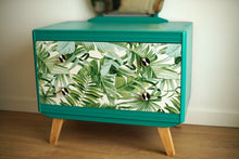 Load image into Gallery viewer, SOLD Luxury Upcycled Bright Green Dressing Table with mirror and beautiful leaf decoupage drawer fronts