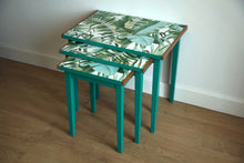 Load image into Gallery viewer, SOLD Luxury Upcycled Bright Green Nest of Tables with beautiful leaf decoupage finish