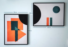 Load image into Gallery viewer, Unframed geometric 2 piece Giclee art print with overlapping shapes in black, teal and orange