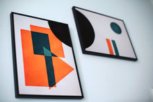 Load image into Gallery viewer, Unframed geometric 2 piece Giclee art print with overlapping shapes in black, teal and orange