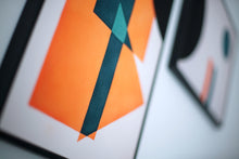 Load image into Gallery viewer, Unframed geometric 2 piece Giclee art print with overlapping shapes in black, teal and orange