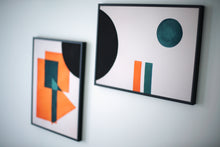 Load image into Gallery viewer, Unframed geometric 2 piece Giclee art print with overlapping shapes in black, teal and orange