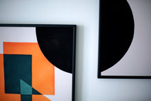Load image into Gallery viewer, Unframed geometric 2 piece Giclee art print with overlapping shapes in black, teal and orange