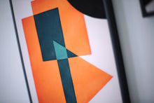 Load image into Gallery viewer, Unframed geometric 2 piece Giclee art print with overlapping shapes in black, teal and orange