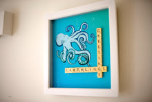 Load image into Gallery viewer, Blue Octopus illustration with "Greetings Earthlings" written in scrabble tiles