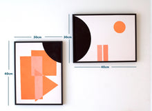 Load image into Gallery viewer, Unframed geometric 2 piece Giclee art print with overlapping shapes in black, pink and orange