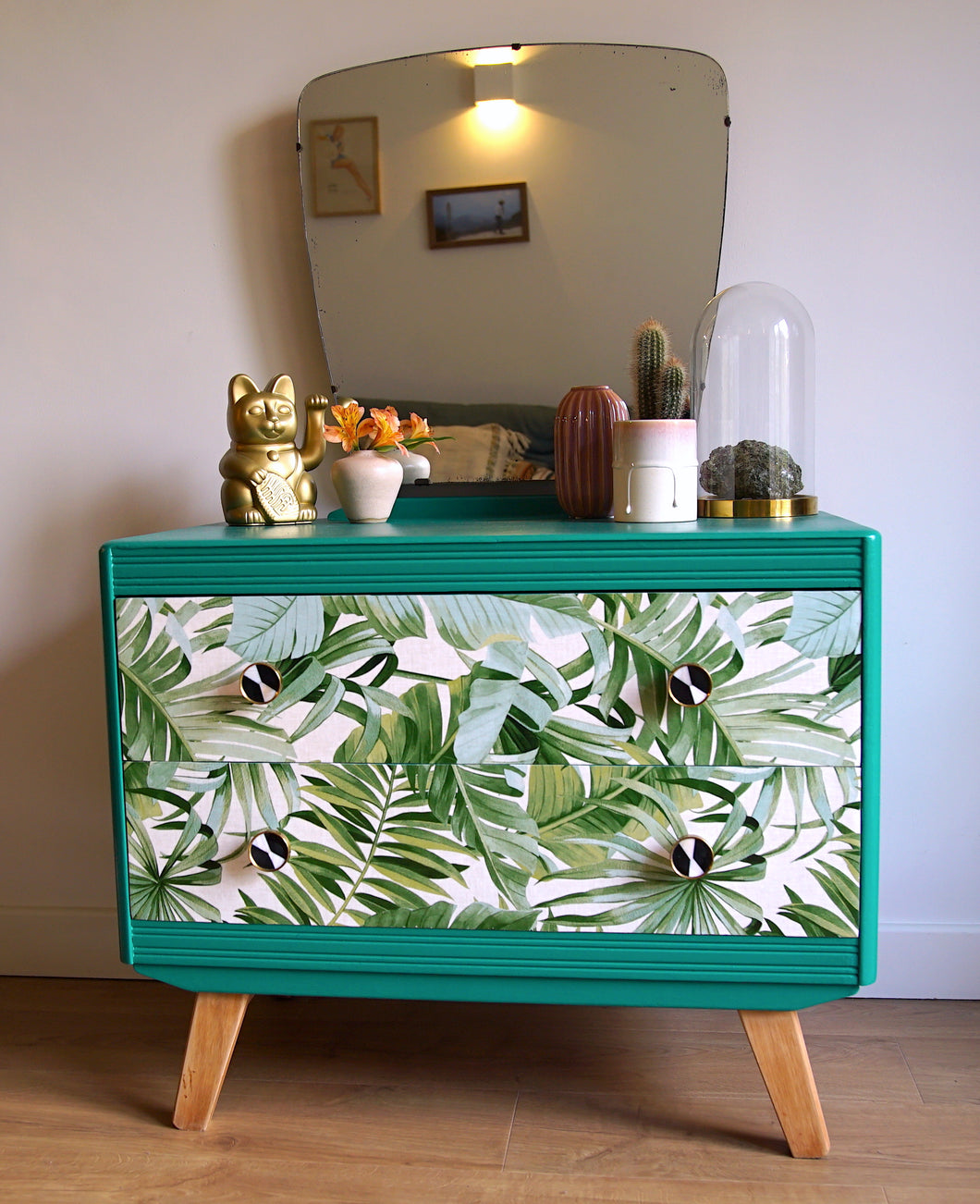 SOLD Luxury Upcycled Bright Green Dressing Table with mirror and beautiful leaf decoupage drawer fronts