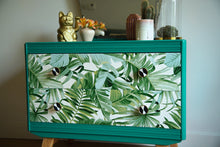 Load image into Gallery viewer, SOLD Luxury Upcycled Bright Green Dressing Table with mirror and beautiful leaf decoupage drawer fronts
