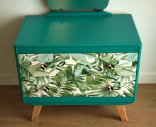 Load image into Gallery viewer, SOLD Luxury Upcycled Bright Green Dressing Table with mirror and beautiful leaf decoupage drawer fronts

