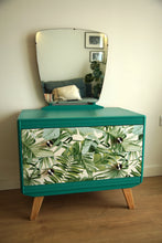 Load image into Gallery viewer, SOLD Luxury Upcycled Bright Green Dressing Table with mirror and beautiful leaf decoupage drawer fronts
