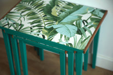 Load image into Gallery viewer, SOLD Luxury Upcycled Bright Green Nest of Tables with beautiful leaf decoupage finish
