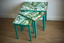 Load image into Gallery viewer, SOLD Luxury Upcycled Bright Green Nest of Tables with beautiful leaf decoupage finish
