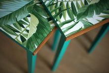 Load image into Gallery viewer, SOLD Luxury Upcycled Bright Green Nest of Tables with beautiful leaf decoupage finish
