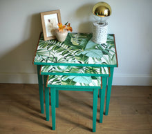 Load image into Gallery viewer, SOLD Luxury Upcycled Bright Green Nest of Tables with beautiful leaf decoupage finish
