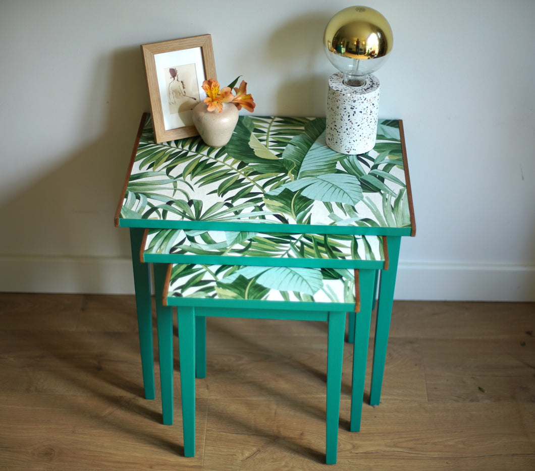 SOLD Luxury Upcycled Bright Green Nest of Tables with beautiful leaf decoupage finish
