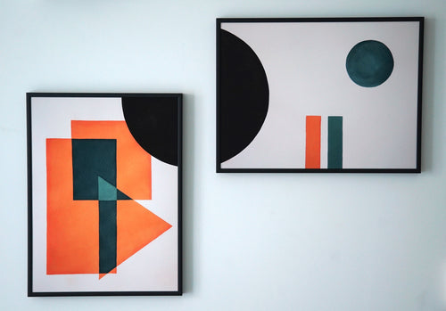Unframed geometric 2 piece Giclee art print with overlapping shapes in black, teal and orange