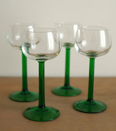 Set of 4 French Vintage Luminarc Green Stemmed Wine Glasses.