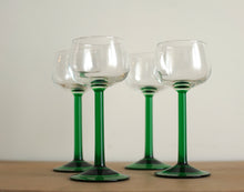 Load image into Gallery viewer, Set of 4 French Vintage Luminarc Green Stemmed Wine Glasses.
