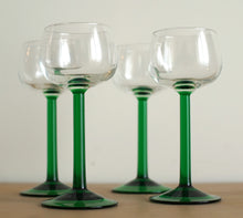 Load image into Gallery viewer, Set of 4 French Vintage Luminarc Green Stemmed Wine Glasses.
