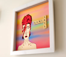 Load image into Gallery viewer, David Bowie illustration with &#39;Let&#39;s Dance&#39; written in scrabble letters 
