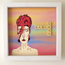 Load image into Gallery viewer, David Bowie illustration with &#39;Let&#39;s Dance&#39; written in scrabble letters 
