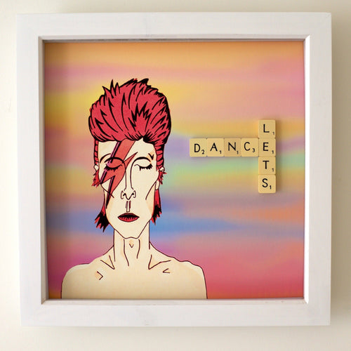 David Bowie illustration with 'Let's Dance' written in scrabble letters 