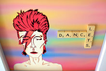 Load image into Gallery viewer, David Bowie illustration with &#39;Let&#39;s Dance&#39; written in scrabble letters 
