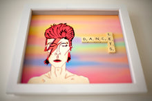 Load image into Gallery viewer, David Bowie illustration with &#39;Let&#39;s Dance&#39; written in scrabble letters 
