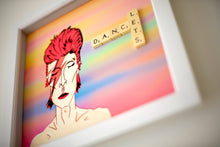 Load image into Gallery viewer, David Bowie illustration with &#39;Let&#39;s Dance&#39; written in scrabble letters 
