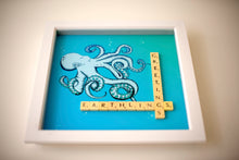 Load image into Gallery viewer, Blue Octopus illustration with &quot;Greetings Earthlings&quot; written in scrabble tiles 
