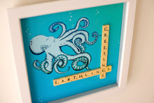 Load image into Gallery viewer, Blue Octopus illustration with &quot;Greetings Earthlings&quot; written in scrabble tiles 
