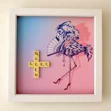 Load image into Gallery viewer, Pink and Blue Flamingo illustration with &quot;Sexy Queen&quot; written in scrabble tiles 
