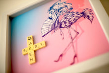 Load image into Gallery viewer, Pink and Blue Flamingo illustration with &quot;Sexy Queen&quot; written in scrabble tiles 
