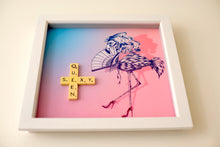 Load image into Gallery viewer, Pink and Blue Flamingo illustration with &quot;Sexy Queen&quot; written in scrabble tiles 
