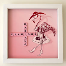 Load image into Gallery viewer, Pink Flamingo illustration with &quot;Fabulous Darling&quot; written in scrabble tiles  
