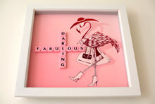 Load image into Gallery viewer, Pink Flamingo illustration with &quot;Fabulous Darling&quot; written in scrabble tiles  
