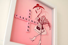 Load image into Gallery viewer, Pink Flamingo illustration with &quot;Fabulous Darling&quot; written in scrabble tiles  
