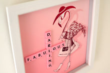 Load image into Gallery viewer, Pink Flamingo illustration with &quot;Fabulous Darling&quot; written in scrabble tiles  
