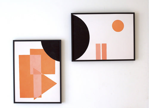 Unframed geometric 2 piece Giclee art print with overlapping shapes in black, pink and orange